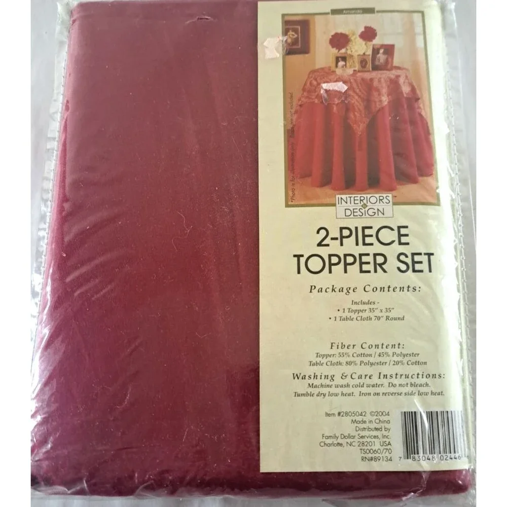 Vintage NEW Round Tablecloth & Topper Centerpiece Red Damask Cottage Victorian